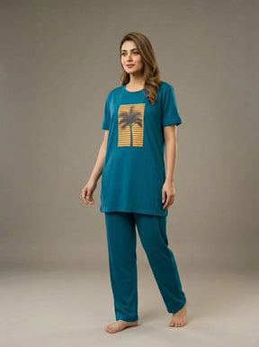 Women’s Teal Palm Tree Printed Nightwear Set | Short Sleeve T-Shirt & Pants