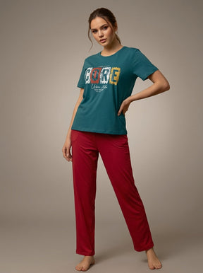 Women’s Color Block Nightwear Set | Teal CORE Printed T-Shirt with Red Pants