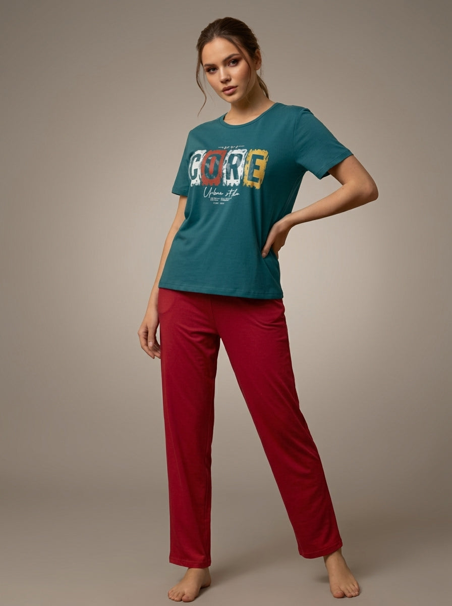 Women’s Color Block Nightwear Set | Teal CORE Printed T-Shirt with Red Pants