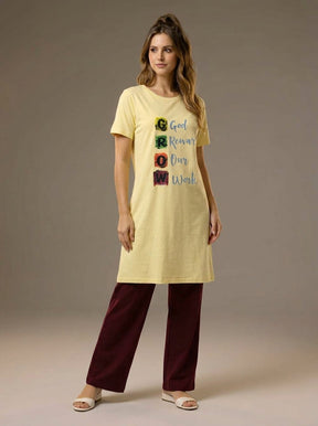 Women’s Motivational Yellow Nightwear Set | GROW Printed T-Shirt with Maroon Pants