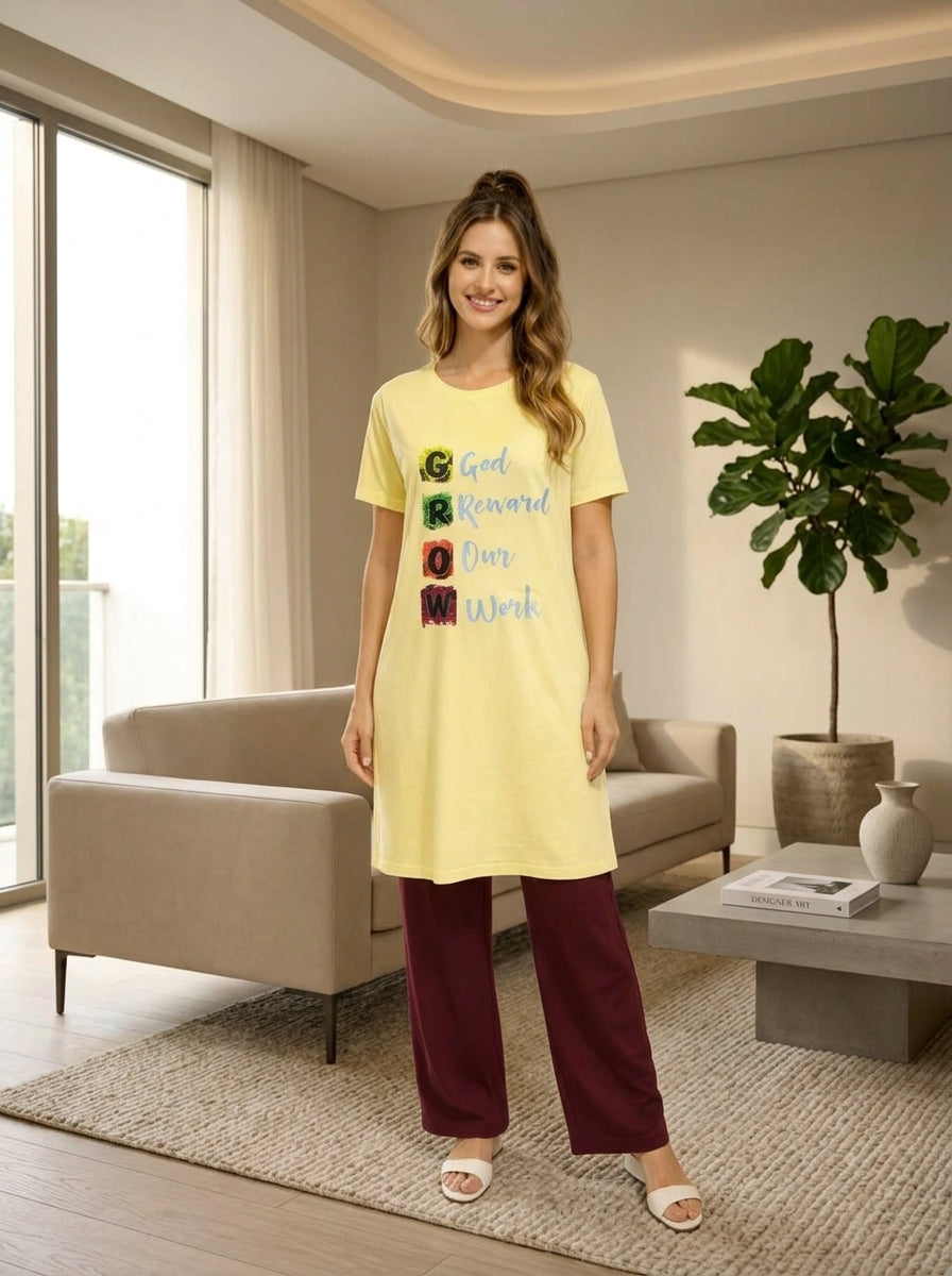 Women’s Motivational Yellow Nightwear Set | GROW Printed T-Shirt with Maroon Pants