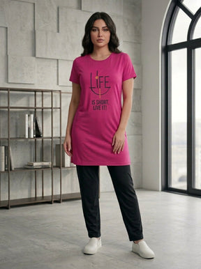 Women’s Fuchsia Graphic Nightwear Set | Longline T-Shirt & Black Pants (2 Piece)