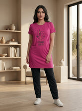 Women’s Fuchsia Graphic Nightwear Set | Longline T-Shirt & Black Pants (2 Piece)