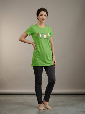 Women’s Green Motivational Nightwear Set | Longline T-Shirt & Charcoal Pants (2 Piece)