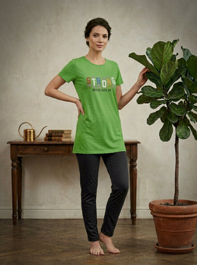 Women’s Green Motivational Nightwear Set | Longline T-Shirt & Charcoal Pants (2 Piece)