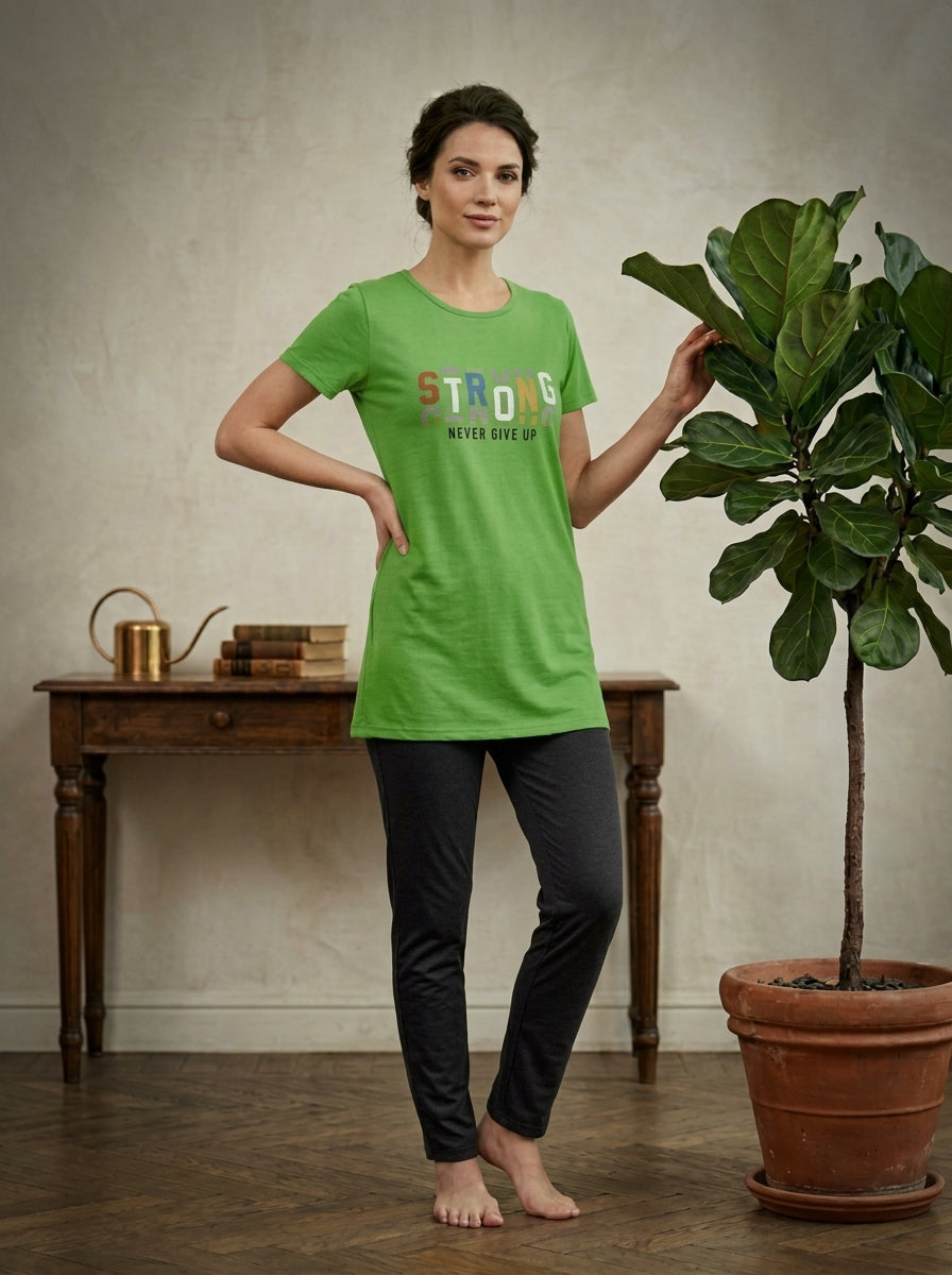 Women’s Green Motivational Nightwear Set | Longline T-Shirt & Charcoal Pants (2 Piece)