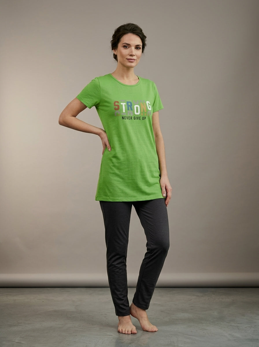 Women’s Green Motivational Nightwear Set | Longline T-Shirt & Charcoal Pants (2 Piece)