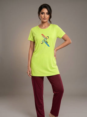 Women’s Lime Green & Maroon Lounge Set | Longline T-Shirt + Full-Length Pants (2 Piece)