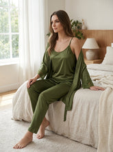 3-Piece Satin Lace Pajama Set | Olive Green Cami, Pants & Robe