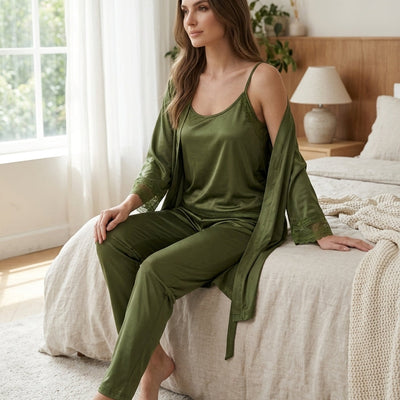 3-Piece Satin Lace Pajama Set | Olive Green Cami, Pants & Robe