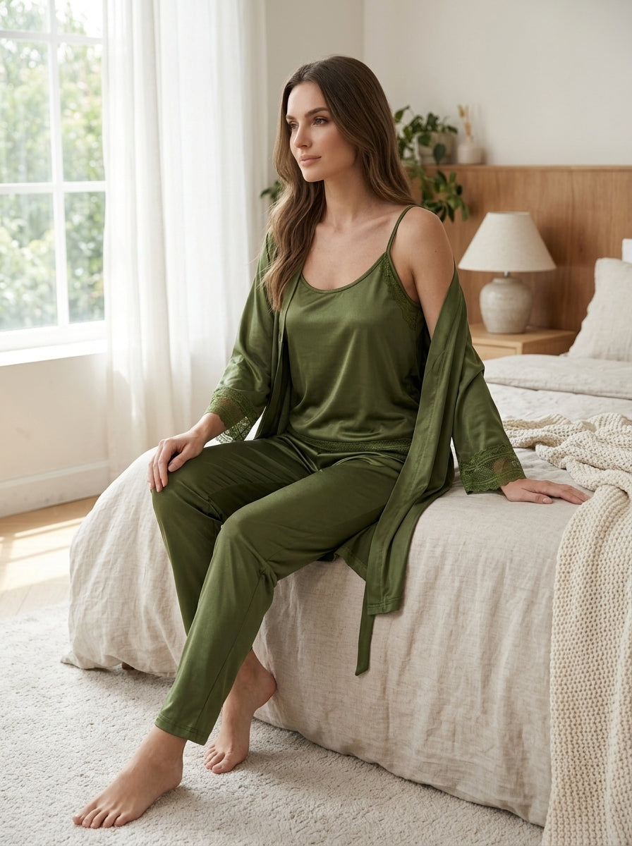 3-Piece Satin Lace Pajama Set | Olive Green Cami, Pants & Robe