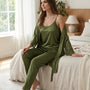 3-Piece Satin Lace Pajama Set | Olive Green Cami, Pants & Robe