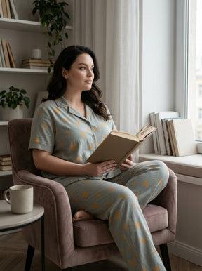 Women’s Sage Green Butterfly Print Pajama Set | 2PC Night Suit