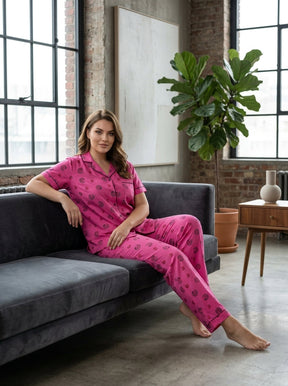 Ladies Hot Pink Night Suit | 2 Piece Printed Pajama Set (Button Front)