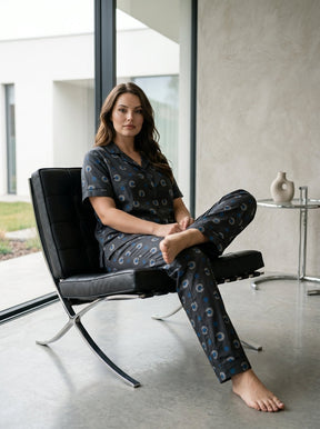 Ladies Dark Grey Abstract Print Night Suit | 2 Piece Pajama Set