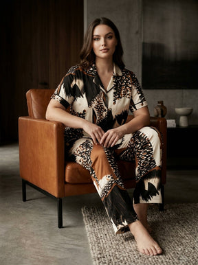 Ladies Leopard Mix Printed Night Suit | 2 Piece Pajama Set