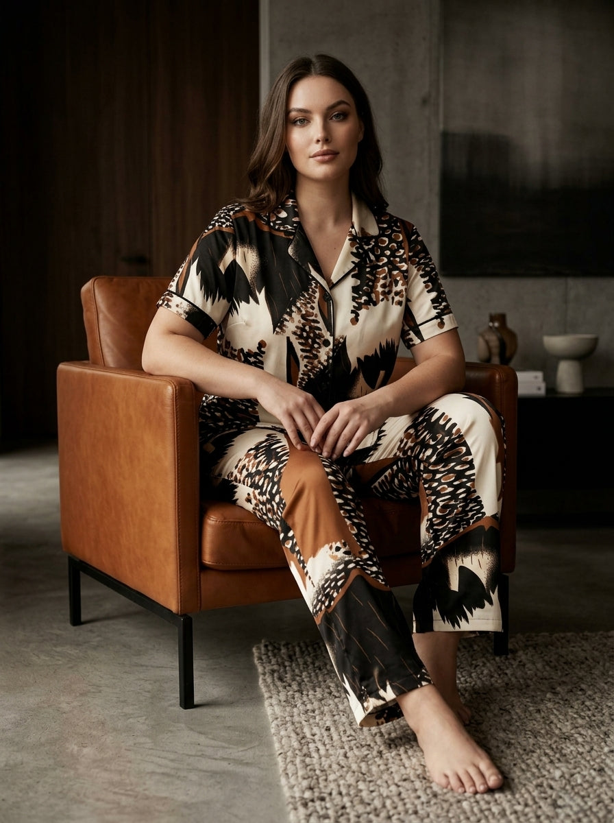 Ladies Leopard Mix Printed Night Suit | 2 Piece Pajama Set