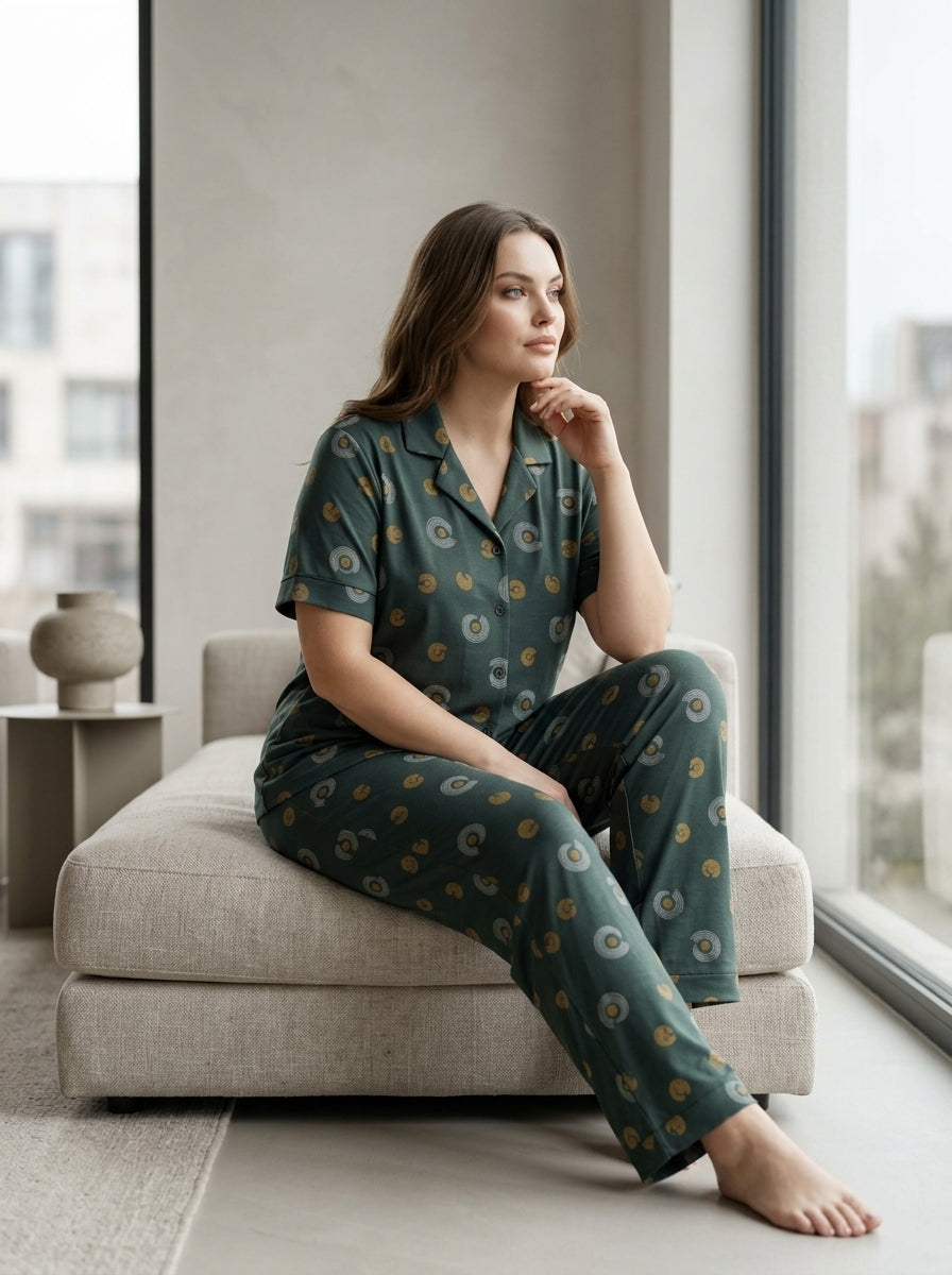 Ladies Dark Green Abstract Print Night Suit | 2 Piece Pajama Set