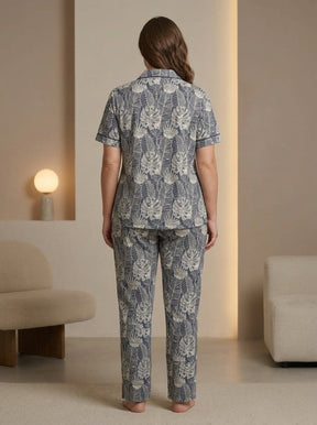 Ladies Leaf Print Night Suit | 2 Piece Pajama Set (Blue/Grey)