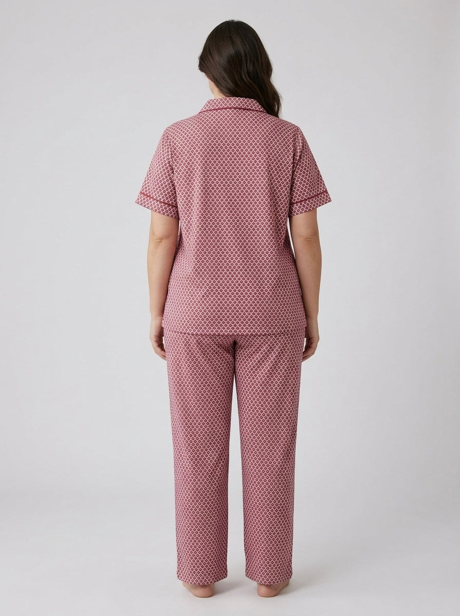 Ladies Pink Printed Night Suit | 2 Piece Pajama Set (Button Front)