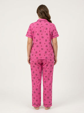 Ladies Hot Pink Night Suit | 2 Piece Printed Pajama Set (Button Front)