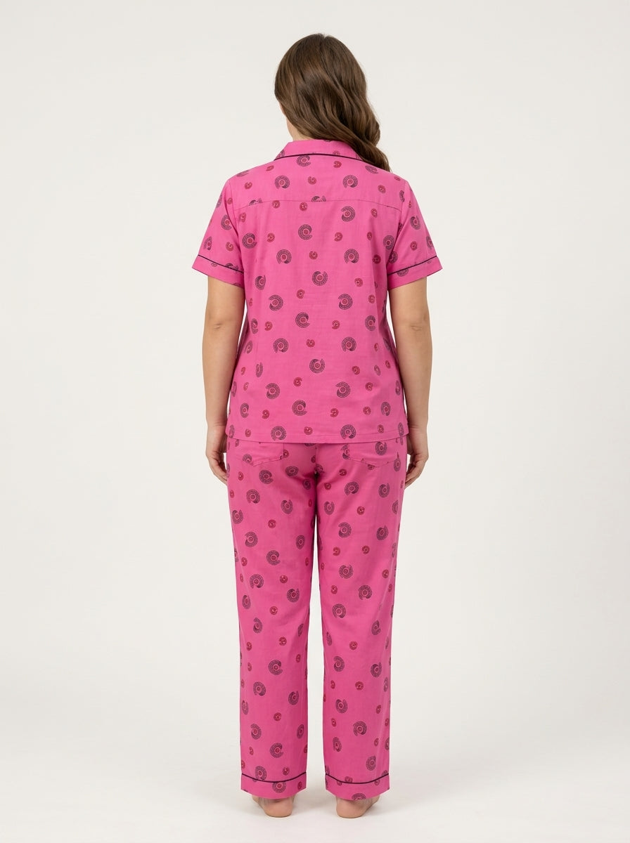 Ladies Hot Pink Night Suit | 2 Piece Printed Pajama Set (Button Front)