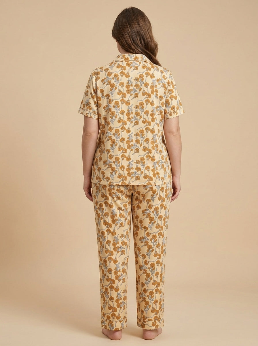 Ladies Floral Night Suit | 2 Piece Pajama Set (Cream Floral)