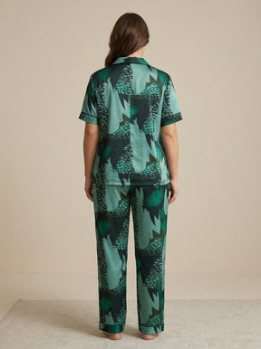 Ladies Luxury Green Satin Night Suit | 2 Piece Printed Pajama Set