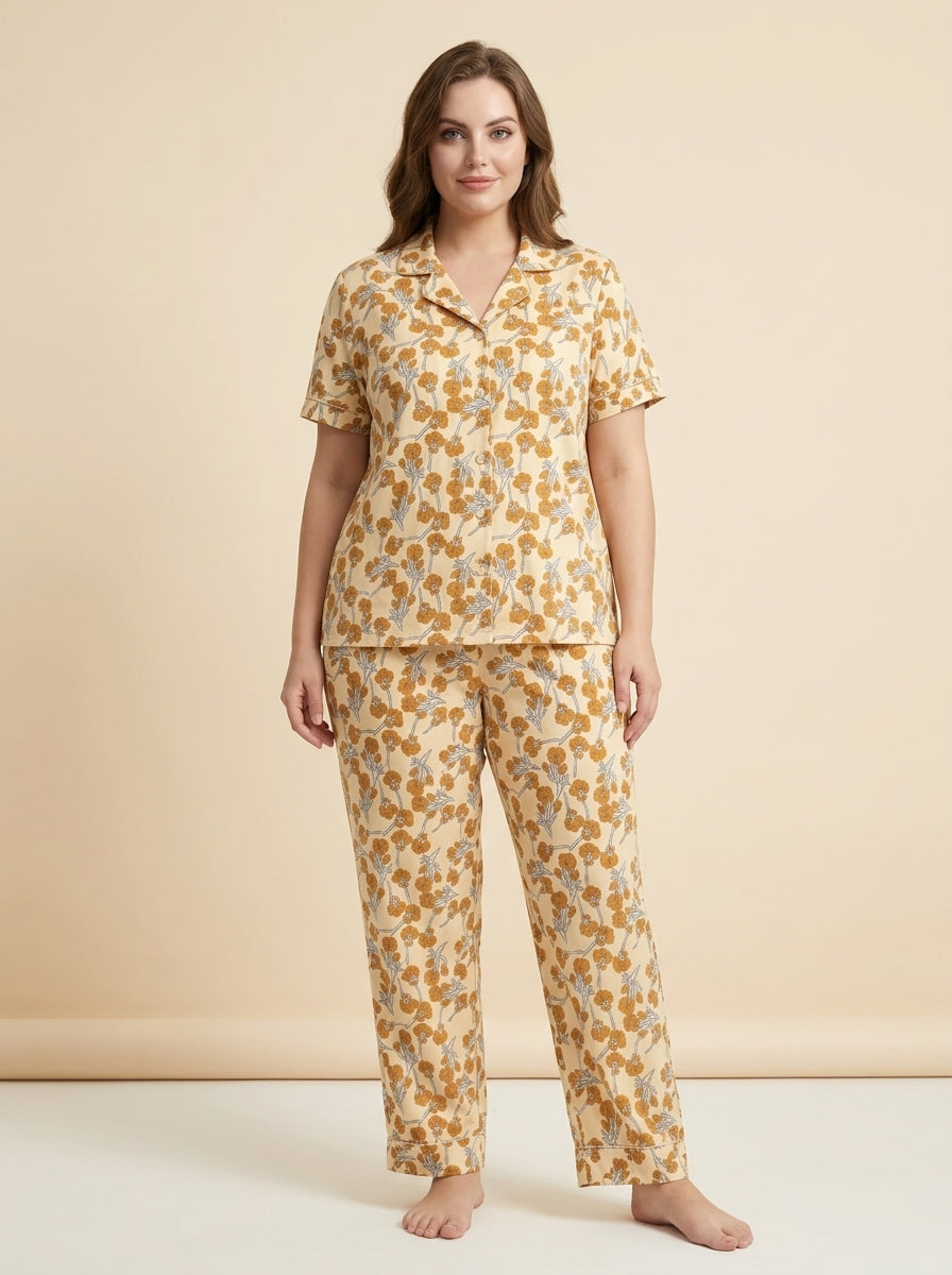 Ladies Floral Night Suit | 2 Piece Pajama Set (Cream Floral)