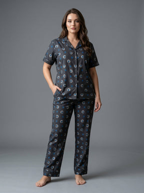 Ladies Dark Grey Abstract Print Night Suit | 2 Piece Pajama Set