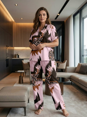 Ladies Luxury Pink Animal Print Satin Night Suit | 2 Piece Pajama Set
