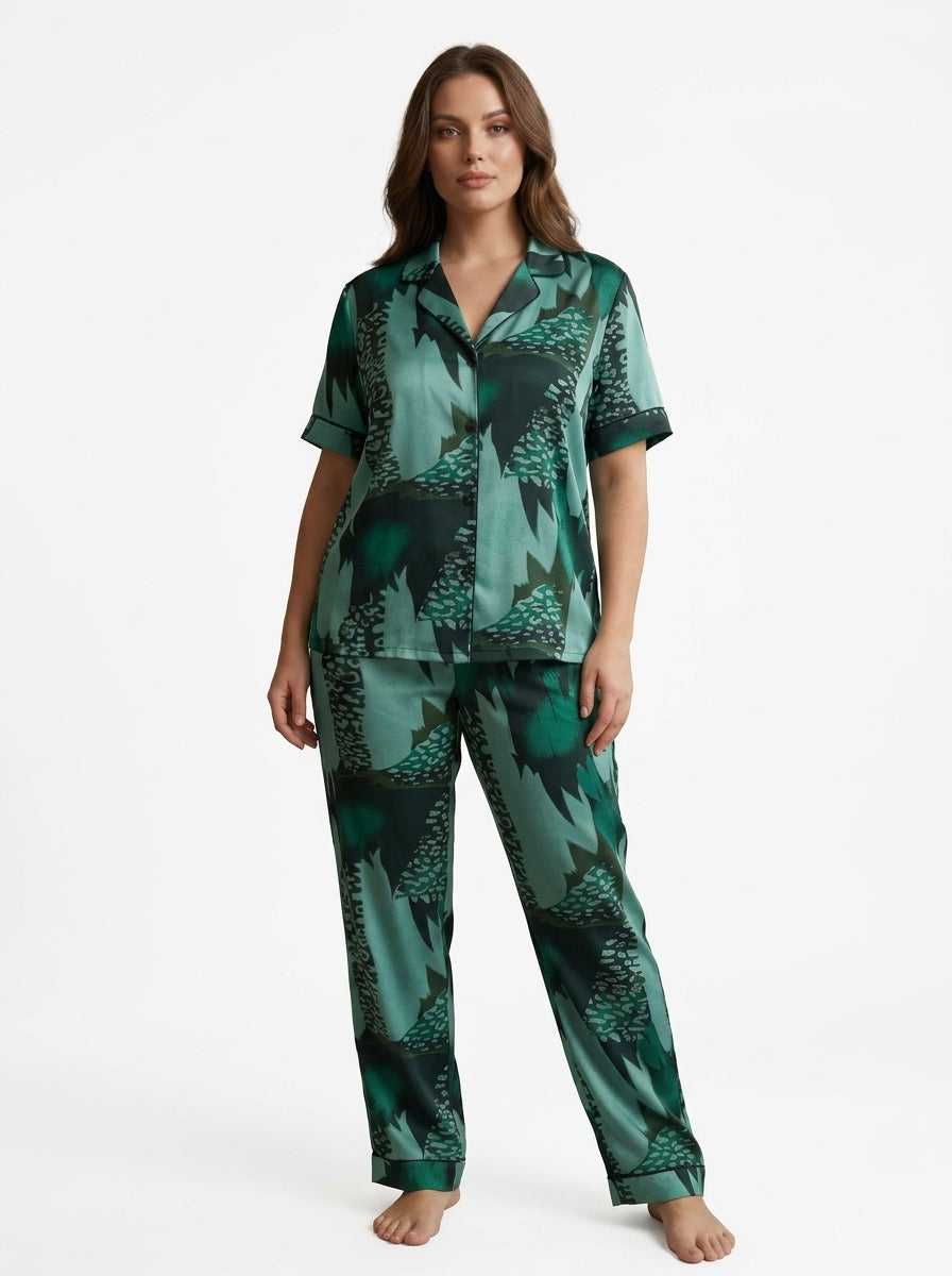 Ladies Luxury Green Satin Night Suit | 2 Piece Printed Pajama Set