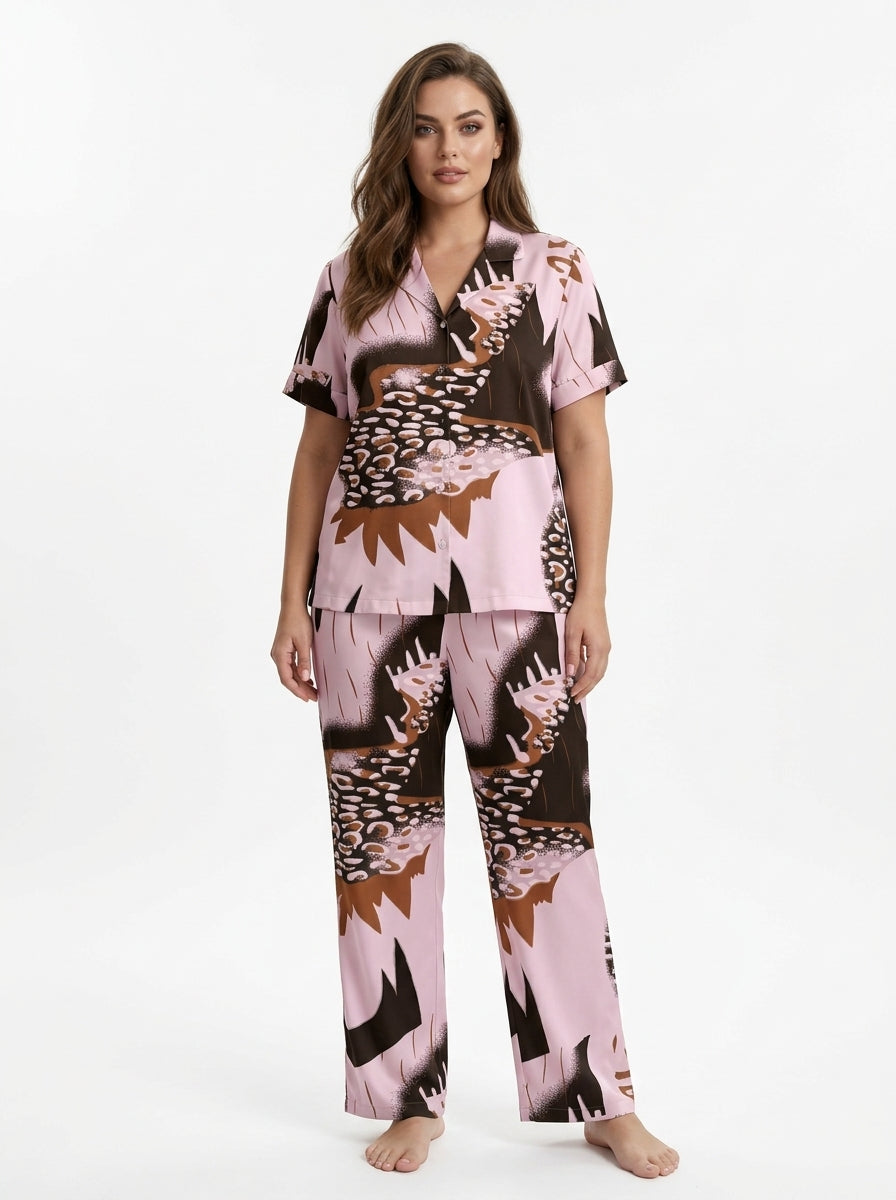 Ladies Luxury Pink Animal Print Satin Night Suit | 2 Piece Pajama Set