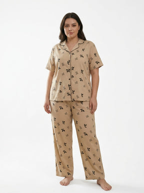 Ladies Beige Leaf Print Night Suit | 2 Piece Pajama Set (Contrast Piping)
