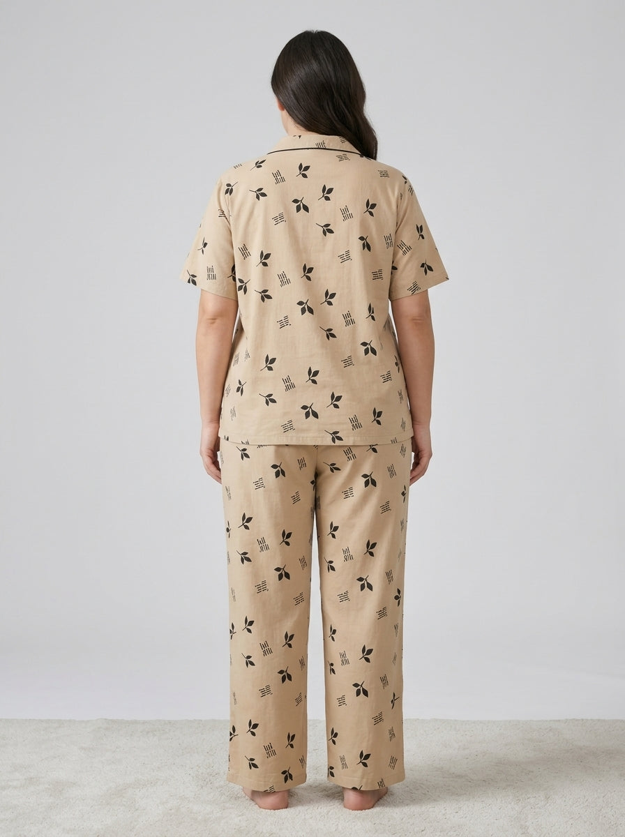 Ladies Beige Leaf Print Night Suit | 2 Piece Pajama Set (Contrast Piping)