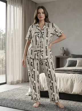 Women’s Bold Black & Brown Printed Night Suit – 2 Piece Satin Pajama Set