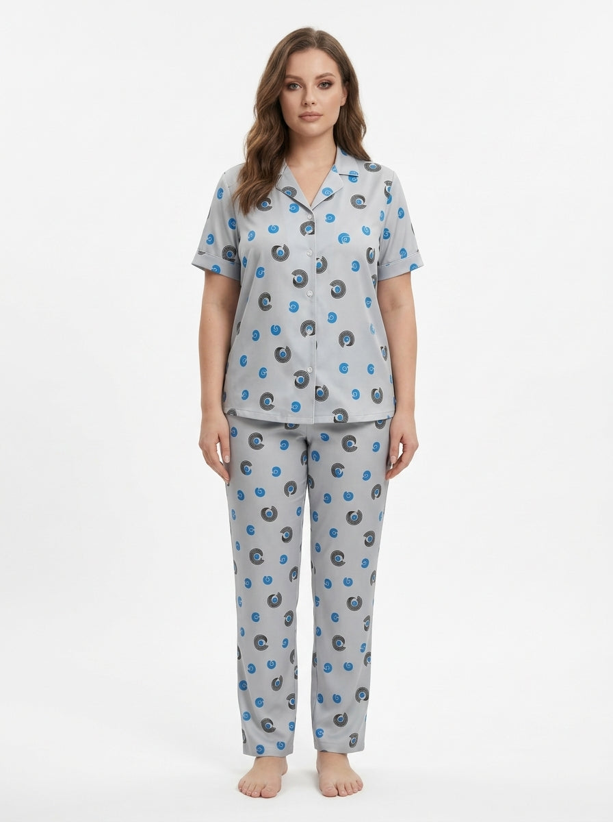Women’s Light Grey 2-Piece Pajama Set | Printed Night Suit with Blue Swirl Pattern