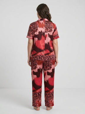 Women’s Bold Red & Maroon Printed Night Suit | 2 Piece Luxury Satin Pajama Set