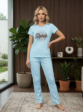 Women’s Sky Blue Printed Nightwear Set – Short Sleeve T-Shirt & Pants with Stylish