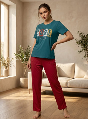 Women’s Color Block Nightwear Set | Teal CORE Printed T-Shirt with Red Pants