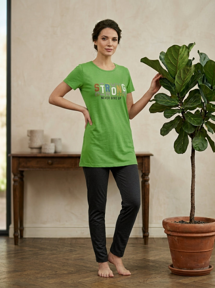 Women’s Green Motivational Nightwear Set | Longline T-Shirt & Charcoal Pants (2 Piece)