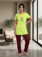 Women’s Lime Green & Maroon Lounge Set | Longline T-Shirt + Full-Length Pants (2 Piece)