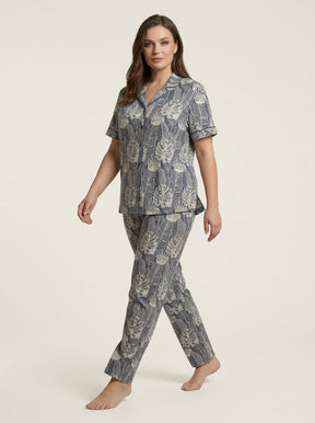 Ladies Leaf Print Night Suit | 2 Piece Pajama Set (Blue/Grey)