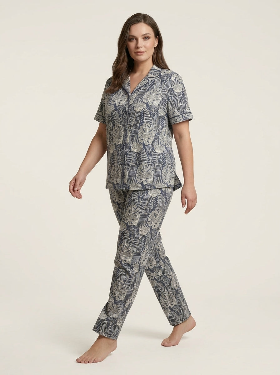Ladies Leaf Print Night Suit | 2 Piece Pajama Set (Blue/Grey)