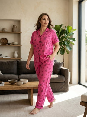 Ladies Hot Pink Night Suit | 2 Piece Printed Pajama Set (Button Front)