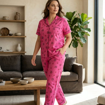 Ladies Hot Pink Night Suit | 2 Piece Printed Pajama Set (Button Front)