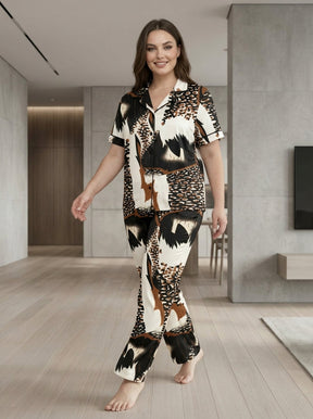 Ladies Leopard Mix Printed Night Suit | 2 Piece Pajama Set