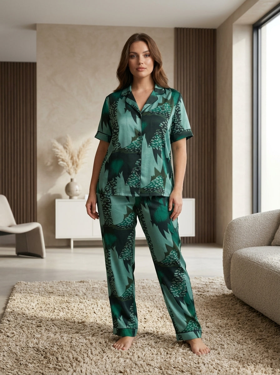 Ladies Luxury Green Satin Night Suit | 2 Piece Printed Pajama Set
