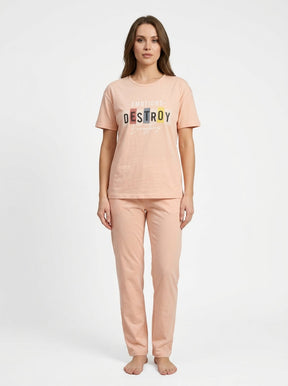Ladies Pink Printed Lounge Set | Destroy Everything 2 Piece T-Shirt Pajama