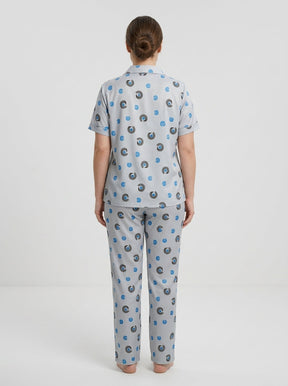 Women’s Light Grey 2-Piece Pajama Set | Printed Night Suit with Blue Swirl Pattern
